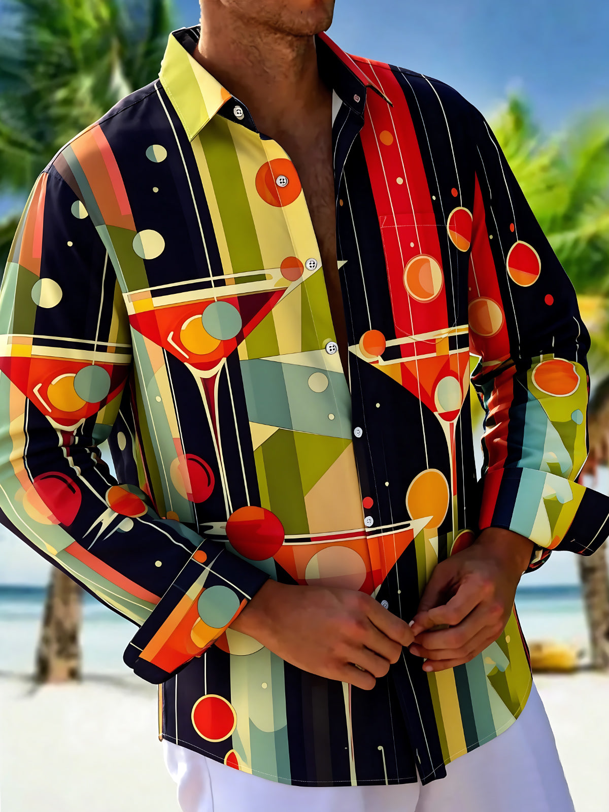 Adaychic Men's Striped Retro Geometric Martini Cocktail Pattern Long Sleeve Button Down Shirt with Chest Pocket