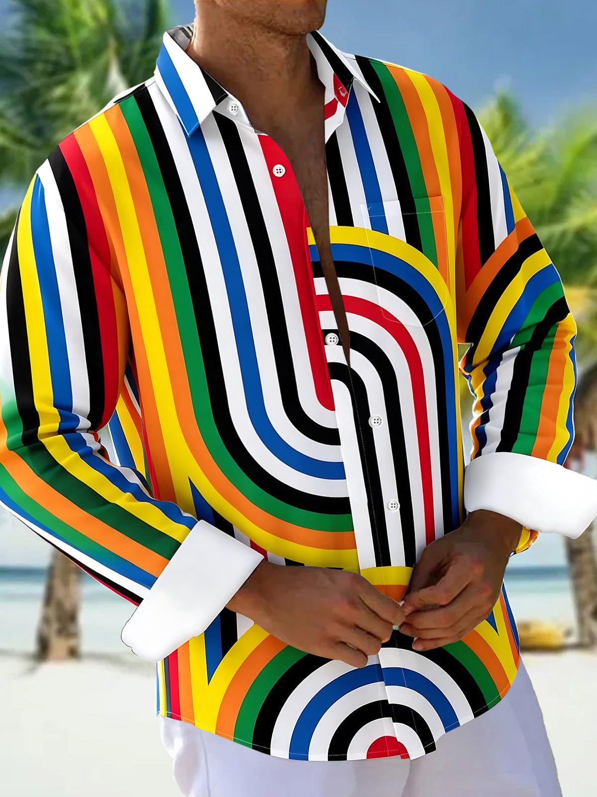 Adaychic Men's Colorful Geometric Stripe Arch Print Long Sleeve Button Down Shirt with Chest Pocket