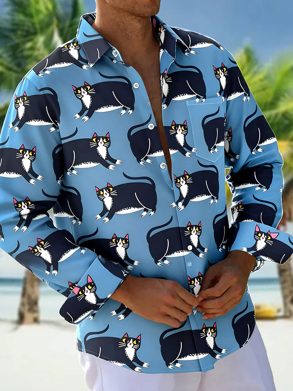 Adaychic Men's Graphic Black And White Cat Pattern Print Long Sleeve Button Down Shirt with Chest Pocket