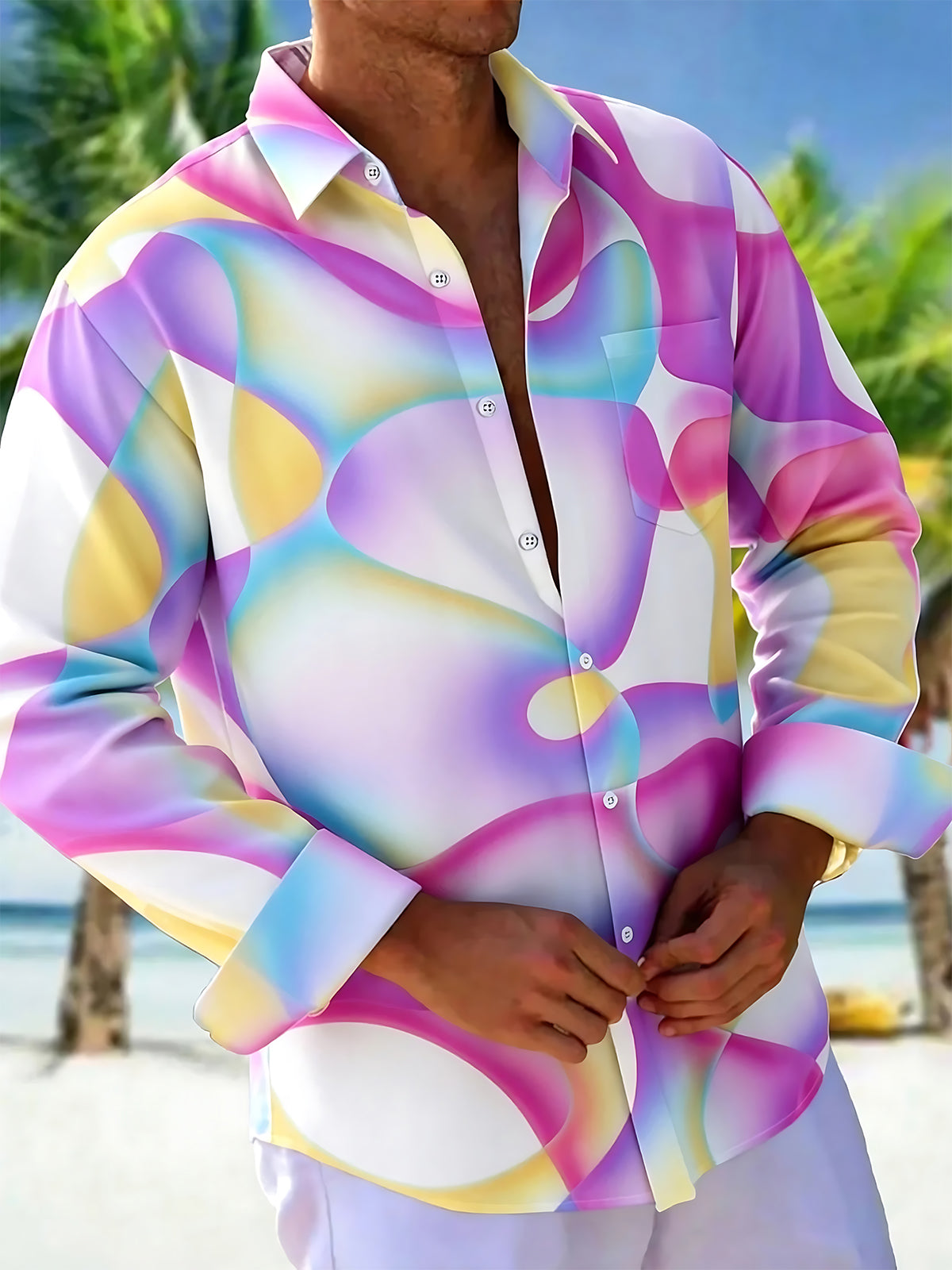 Adaychic Men's Printed Pastel Swirl Pattern Long Sleeve Shirt with Chest Pocket