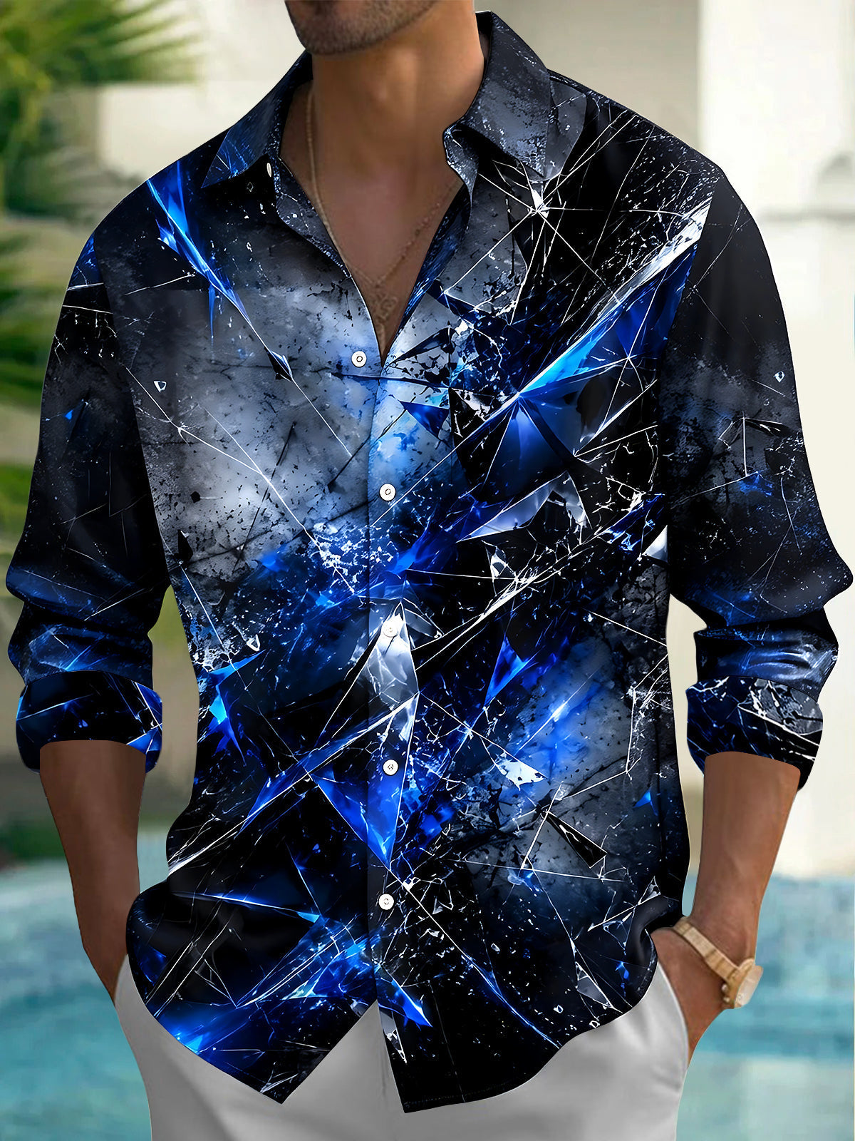 Adaychic Men's Abstract Shattered Glass Effect Print Long Sleeve Shirt with Chest Pocket
