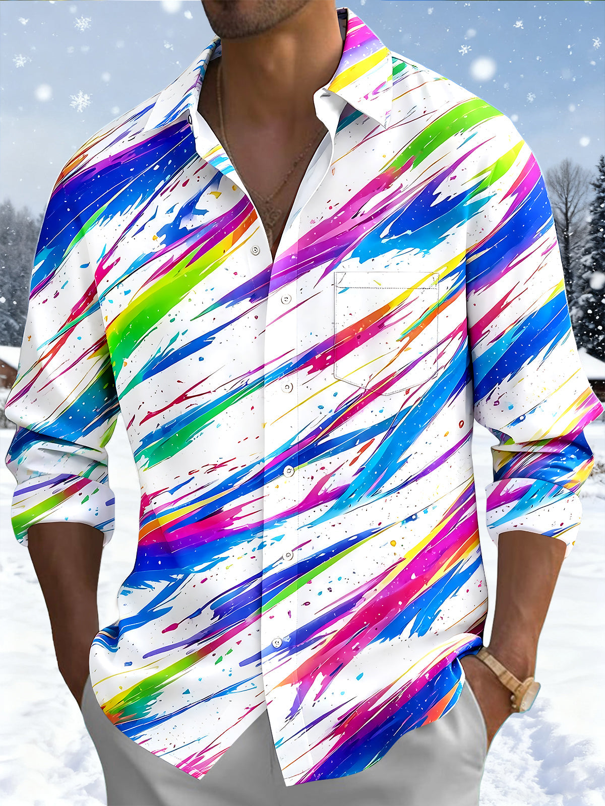 Adaychic Men's Tie Dye Rainbow Paint Splatter Print Long Sleeve Shirt with Chest Pocket