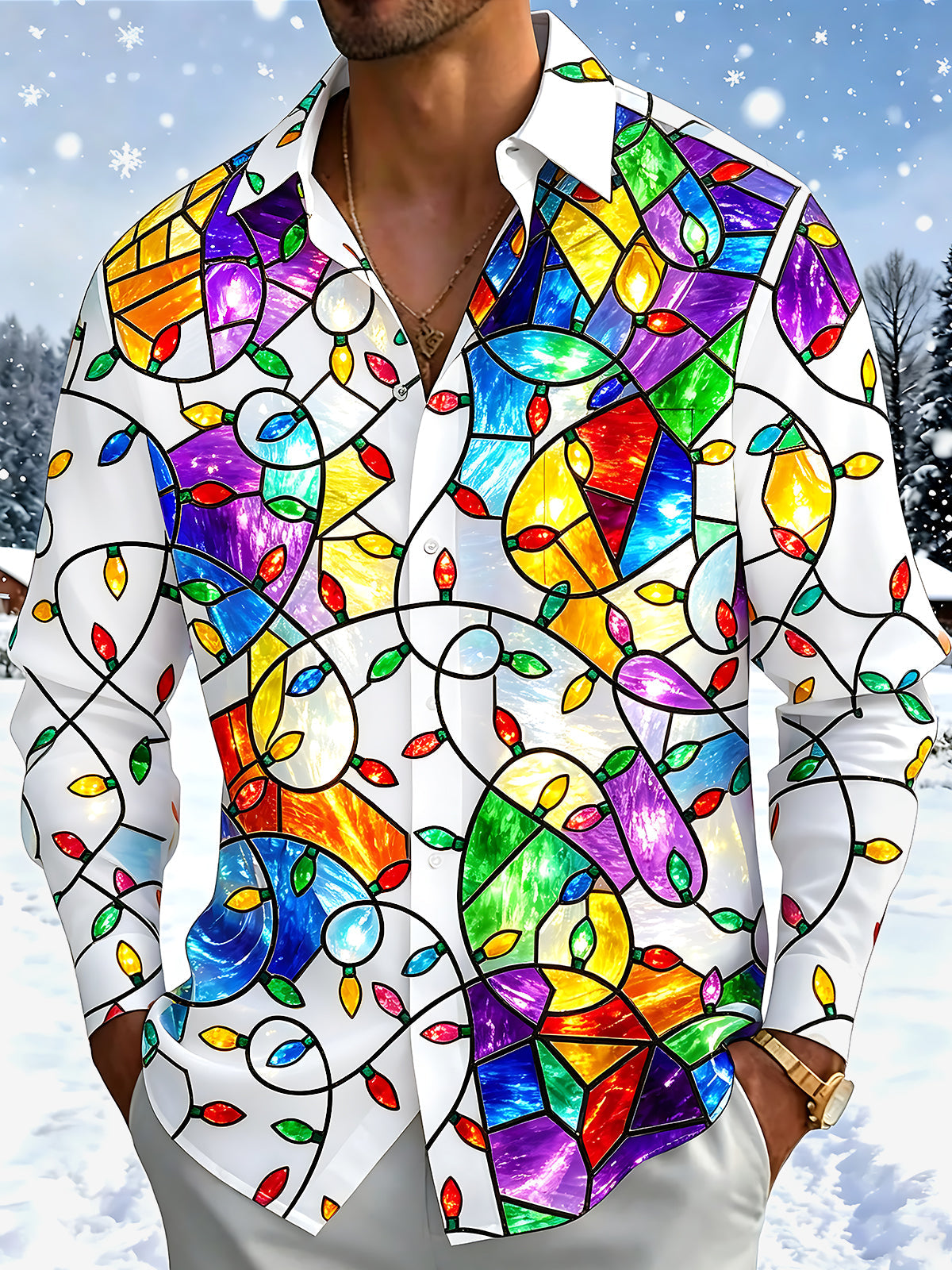 Adaychic Men's Printed Christmas Lights Print Long Sleeve Shirt with Chest Pocket