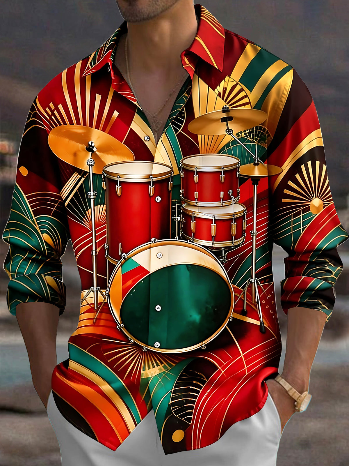 Adaychic Men's Vintage Style Drum Set Print Long Sleeve Shirt with Chest Pocket