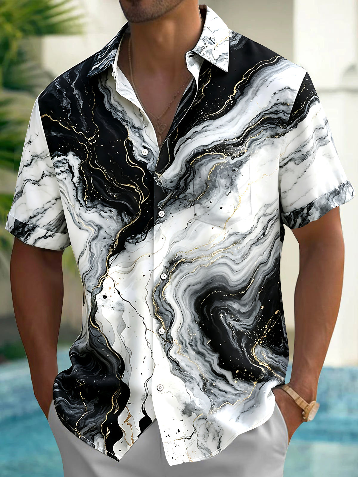 Adaychic Men's Printed Marble Effect Print Gold Veins Print Short Sleeve Shirt with Chest Pocket