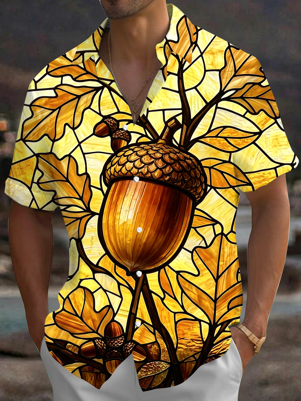 Adaychic Men's Hawaiian Stained Glass Acorn Print Short Sleeve Shirt with Chest Pocket