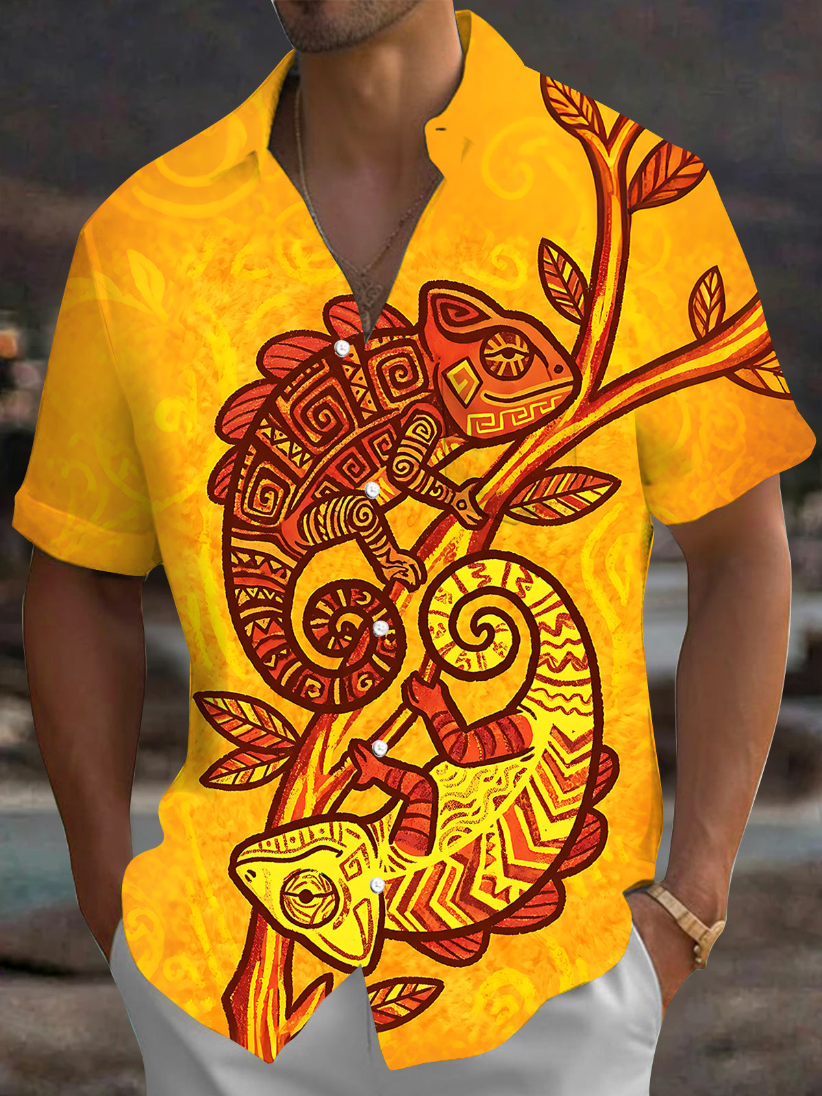 Adaychic Men's Hawaiian Chameleon On Branch Print Short Sleeve Shirt with Chest Pocket