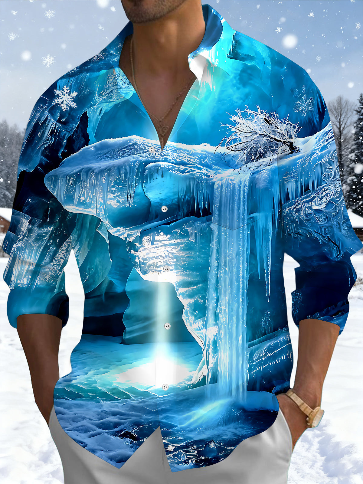 Adaychic Men's Printed Ice Cave Landscape Print Long Sleeve Shirt with Chest Pocket