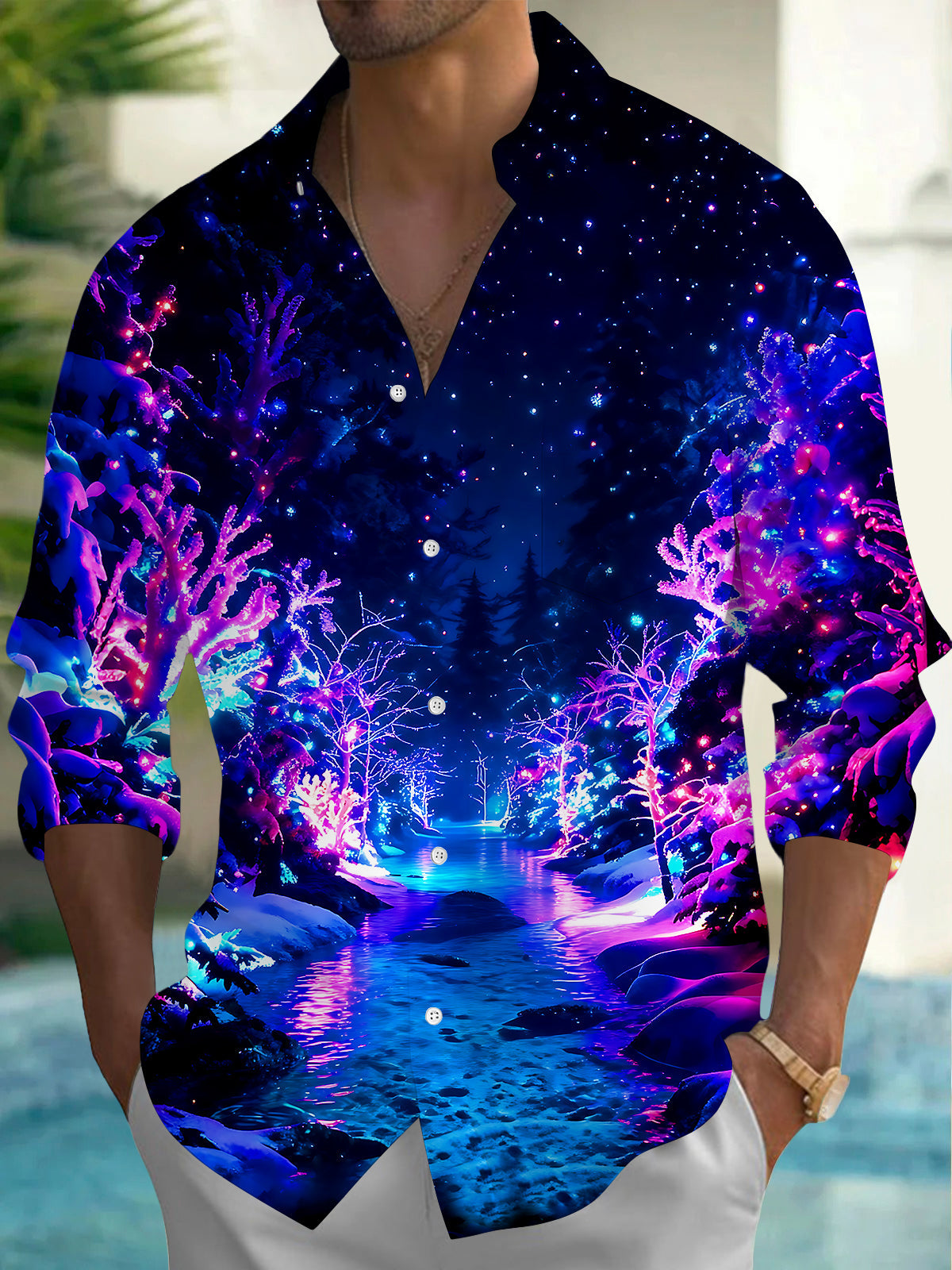Adaychic Men's Printed Neon Winter Forest Print Long Sleeve Shirt with Chest Pocket