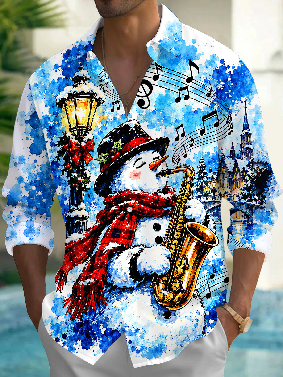 Adaychic Men's Graphic Christmas Snowman Print Long Sleeve Shirt with Chest Pocket