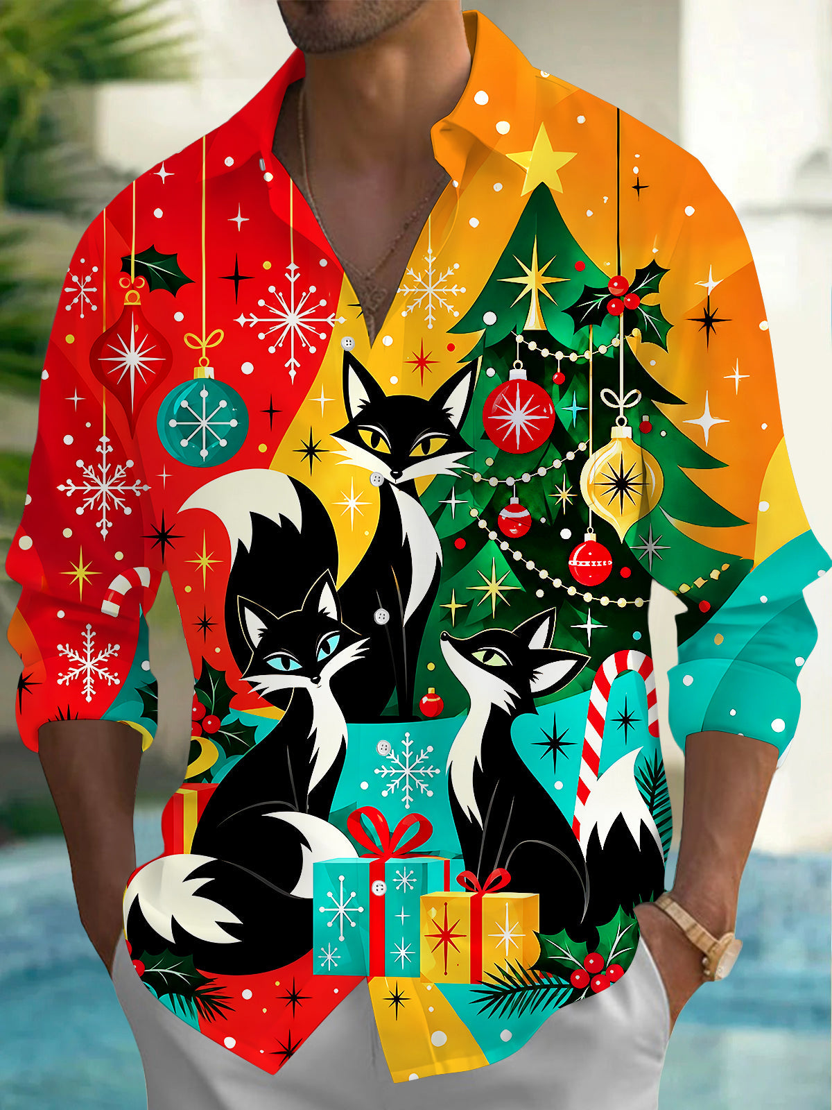 Adaychic Men's Graphic Christmas Fox Family Print Long Sleeve Shirt with Chest Pocket