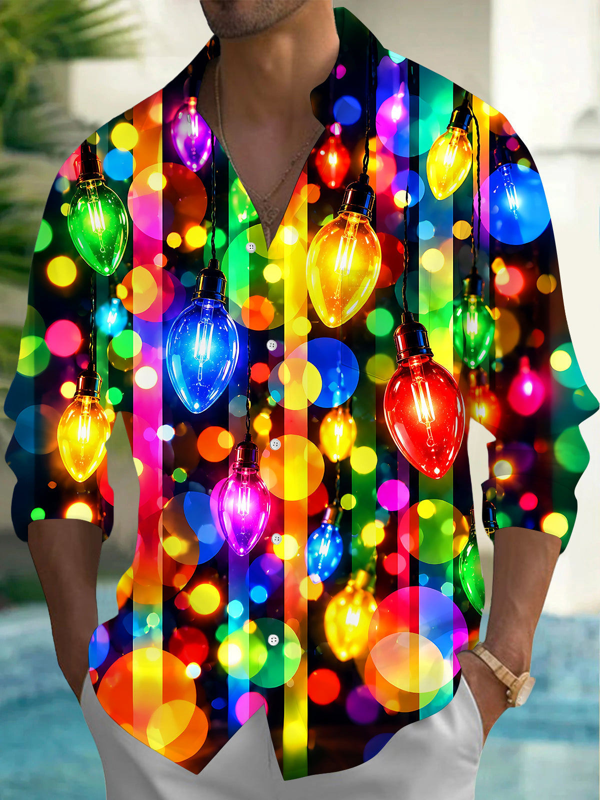 Adaychic Men's Printed Colorful Christmas Light Bulbs Print Long Sleeve Shirt with Chest Pocket