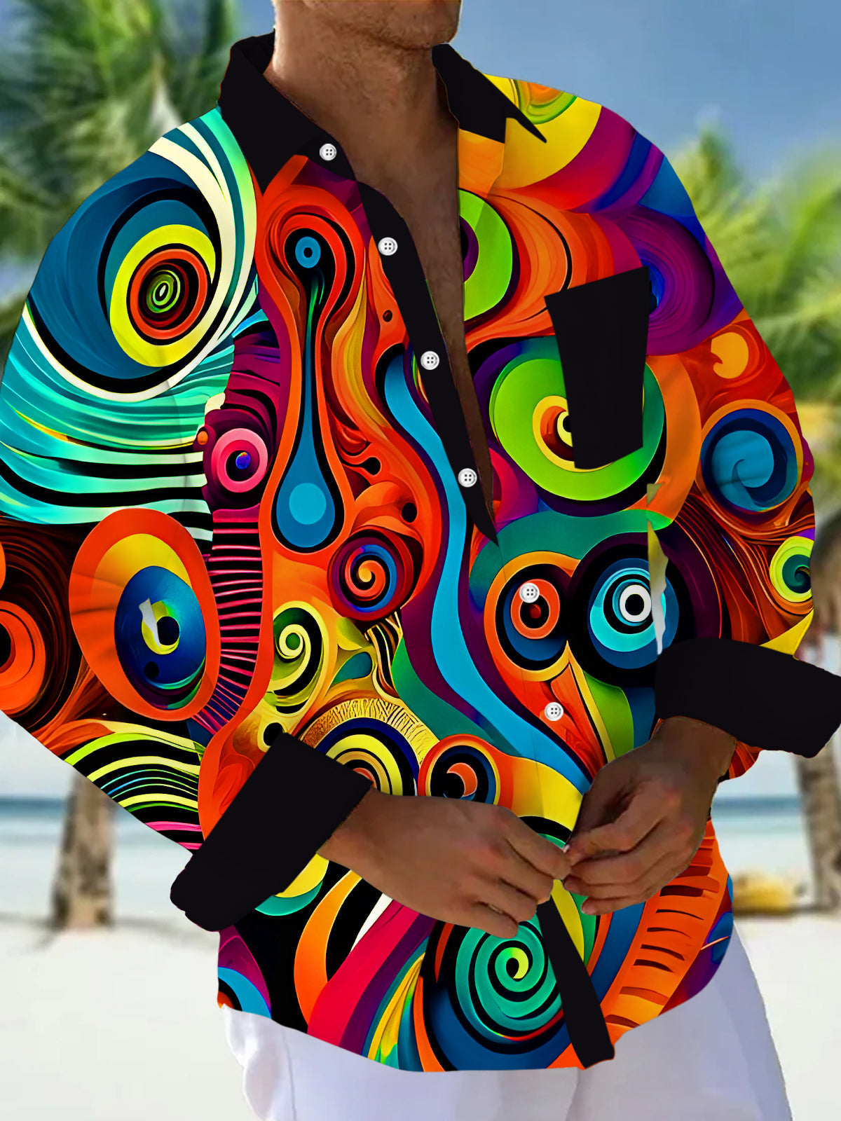 Adaychic Men's Graphic Psychedelic Swirl Abstract Print Long Sleeve Button Down Shirt with Chest Pocket