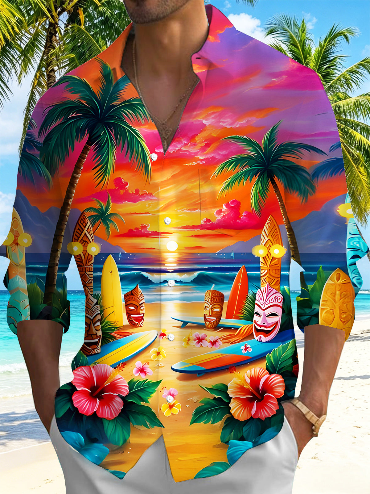 Adaychic Men's Hawaiian Floral Tropical Sunset Beach Print Long Sleeve Button Down Shirt with Chest Pocket