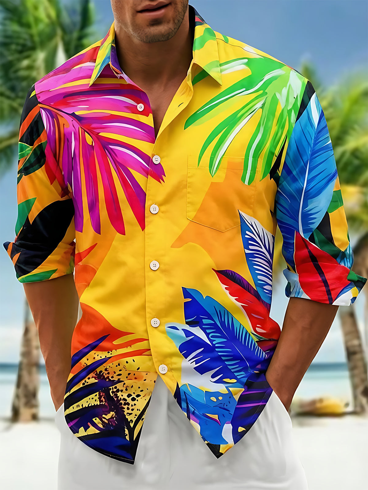 Adaychic Men's Yellow Hawaiian Tropical Palm Leaf Print Long Sleeve Button Down Shirt with Chest Pocket