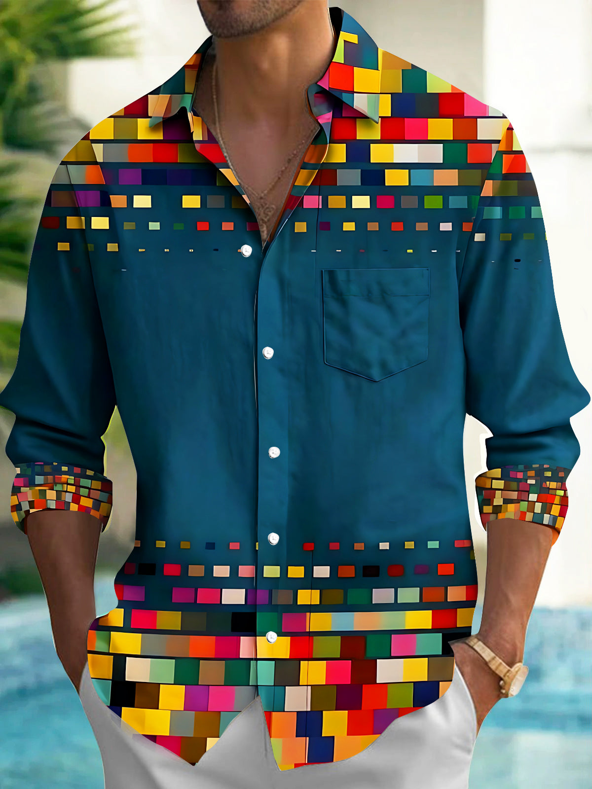 Adaychic Men's Graphic Geometric Mosaic Colorblock Long Sleeve Button Down Shirt with Chest Pocket