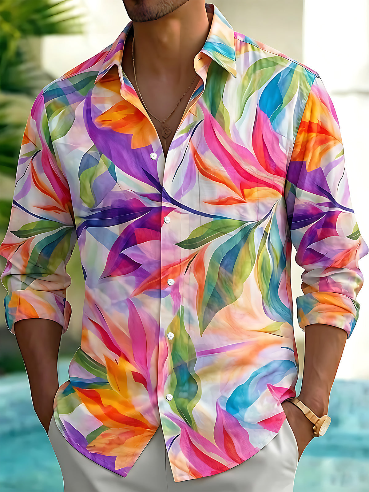 Adaychic Men's Graphic Colorful Abstract Leaf Floral Print Long Sleeve Button Down Shirt with Chest Pocket