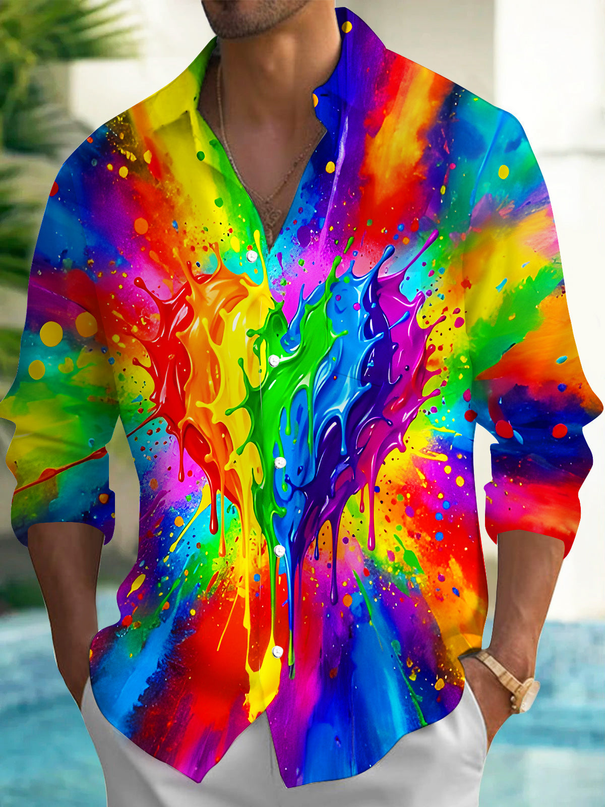 Adaychic Men's Graphic Abstract Rainbow Paint Splatter Print Long Sleeve Button Down Shirt with Chest Pocket