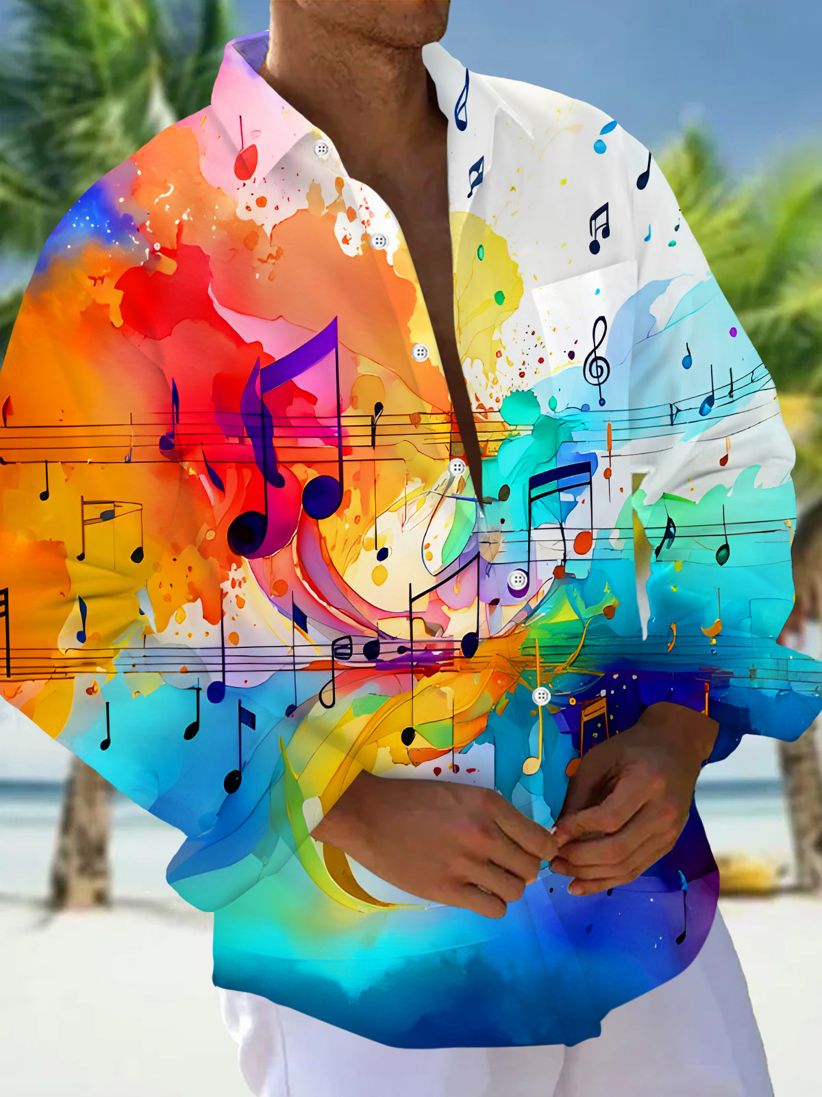 Adaychic Men's Graphic Watercolor Music Notes Print Long Sleeve Shirt with Chest Pocket