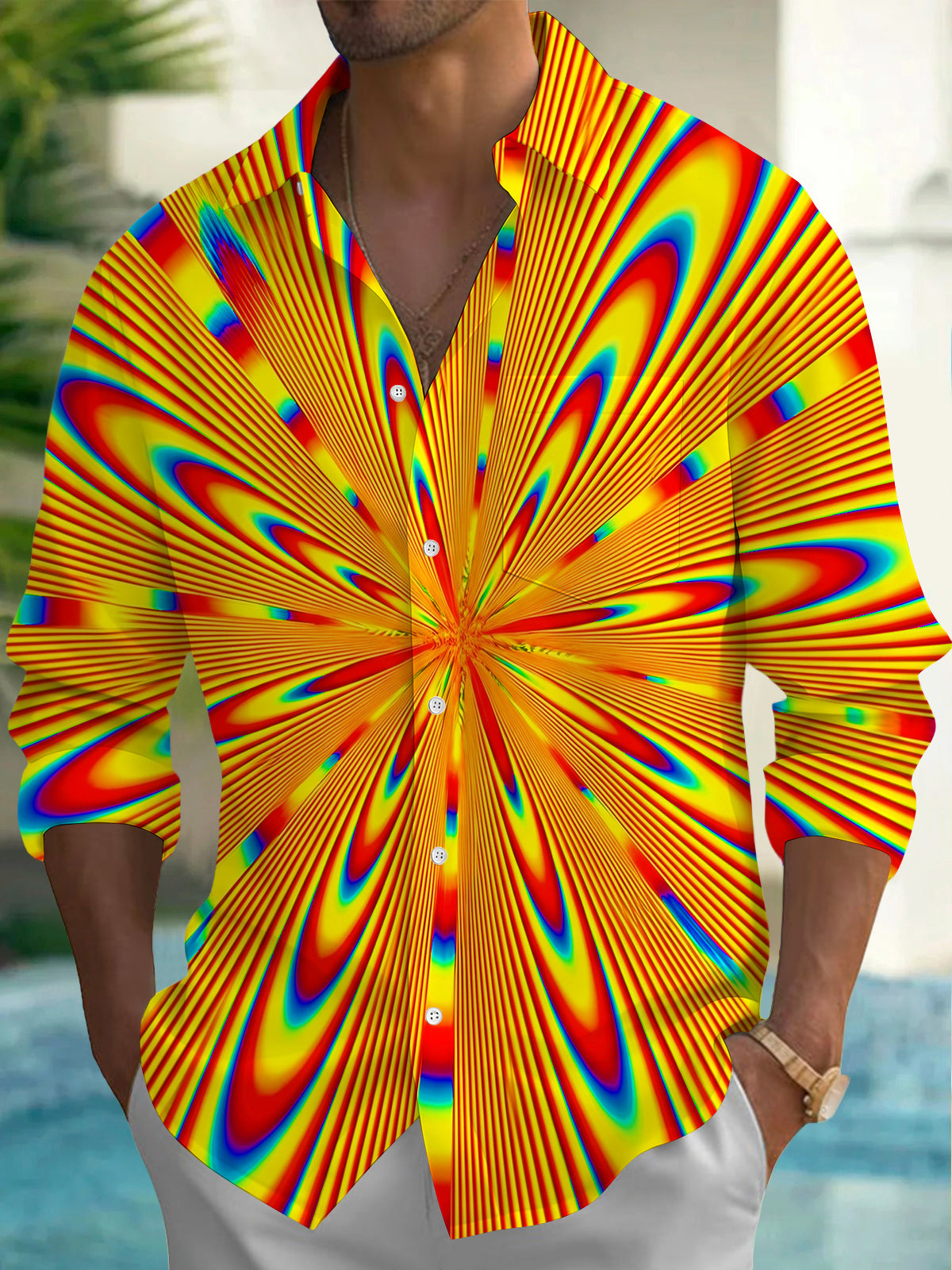Adaychic Men's Radiating Optical Illusion Print Long Sleeve Shirt with Chest Pocket