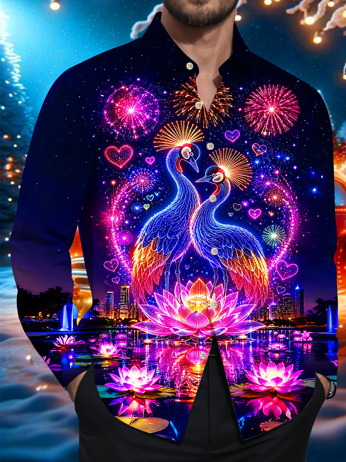 Adaychic Men's Graphic Neon Cranes Print Long Sleeve Shirt with Chest Pocket