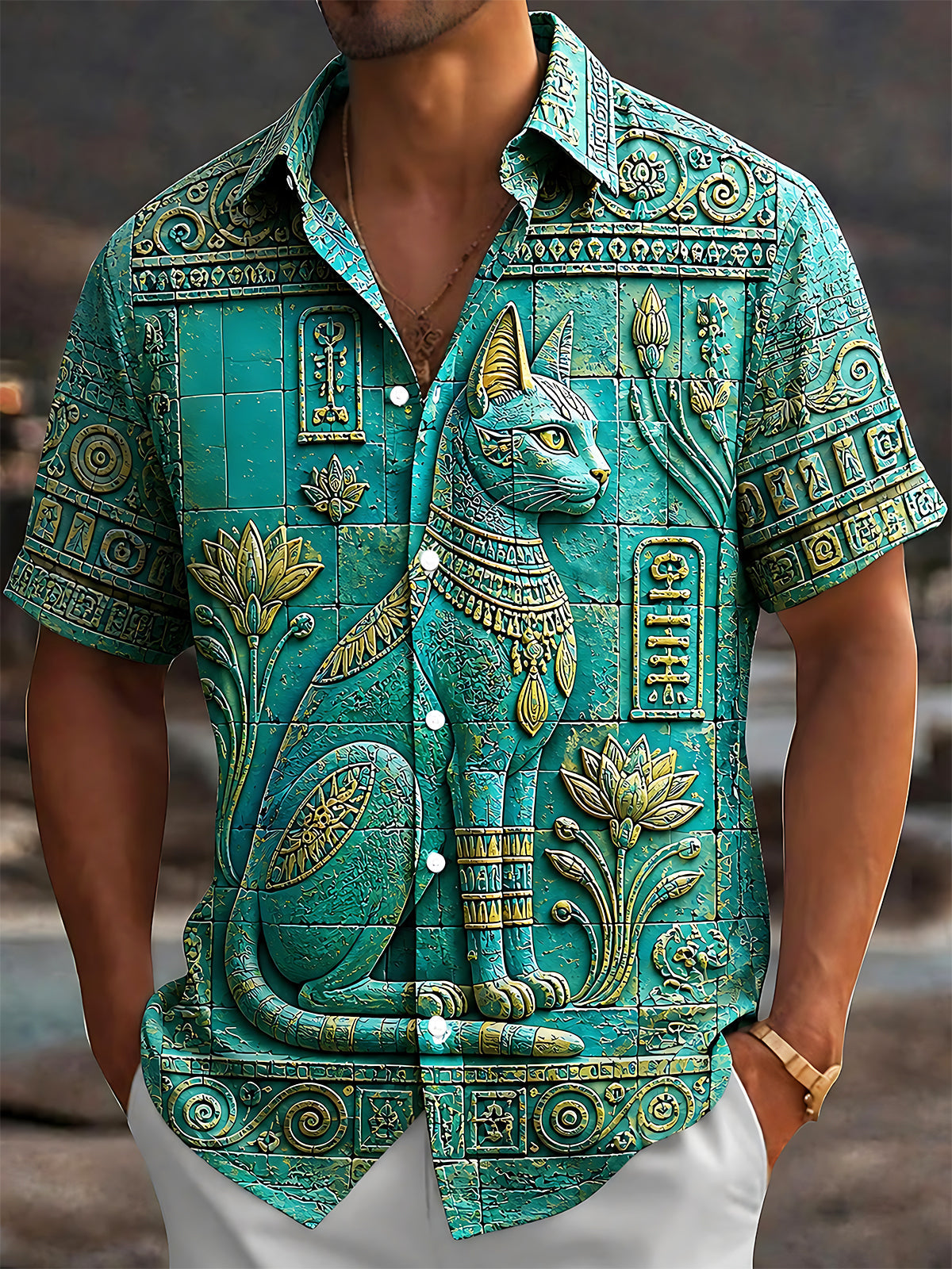 Adaychic Men's Vintage Style Egyptian Cat Relief Print Short Sleeve Shirt with Chest Pocket