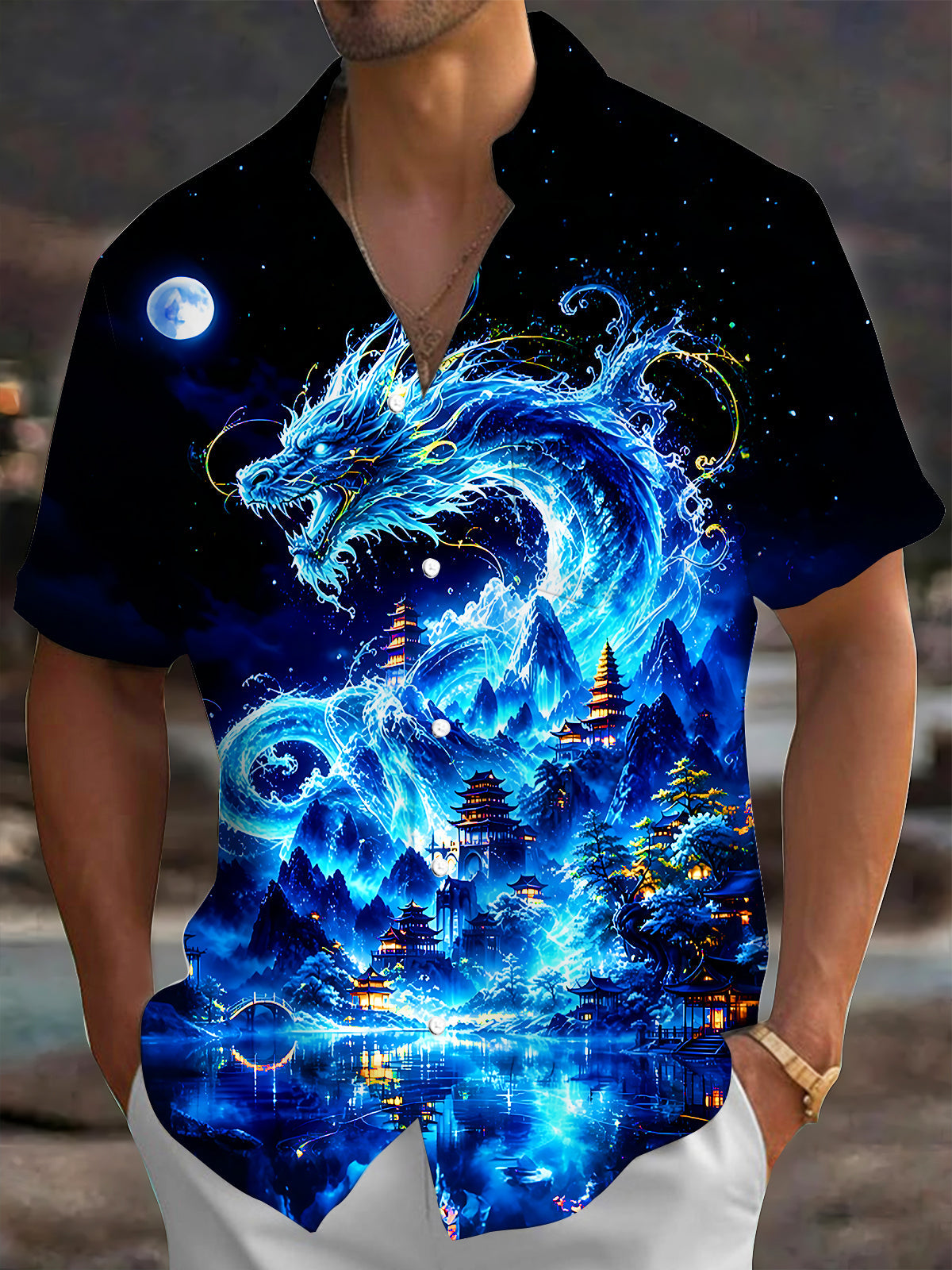 Adaychic Men's Graphic Blue Water Dragon Print Short Sleeve Shirt with Chest Pocket