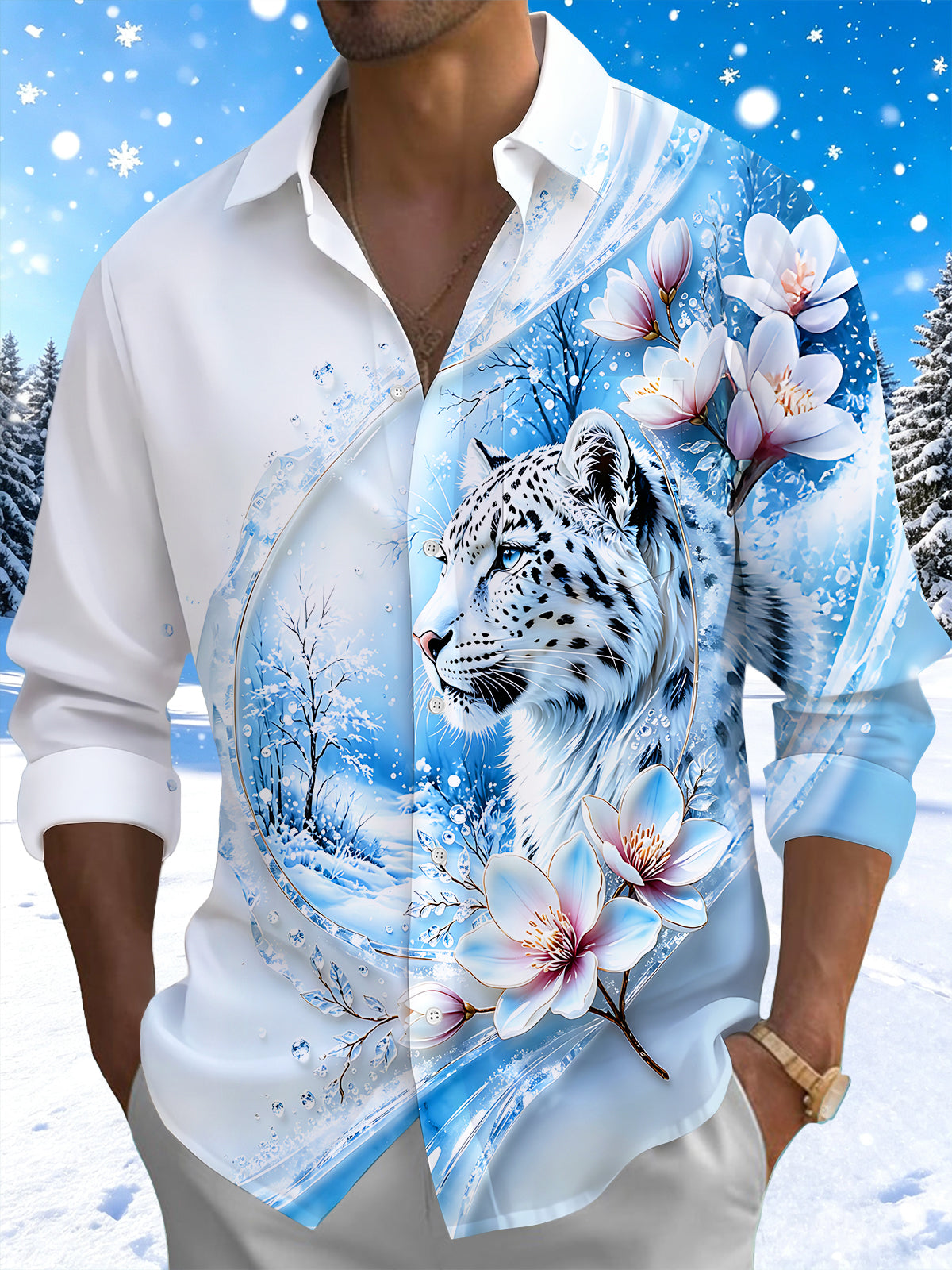 Adaychic Men's Printed Snow Leopard Print Long Sleeve Shirt with Chest Pocket