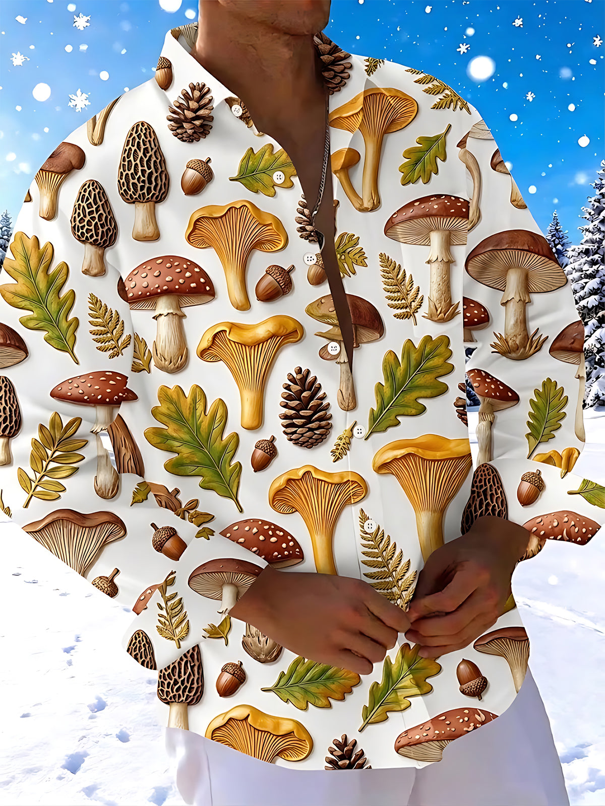 Adaychic Men's Printed Forest Mushroom Print Acorn Print Long Sleeve Shirt with Chest Pocket