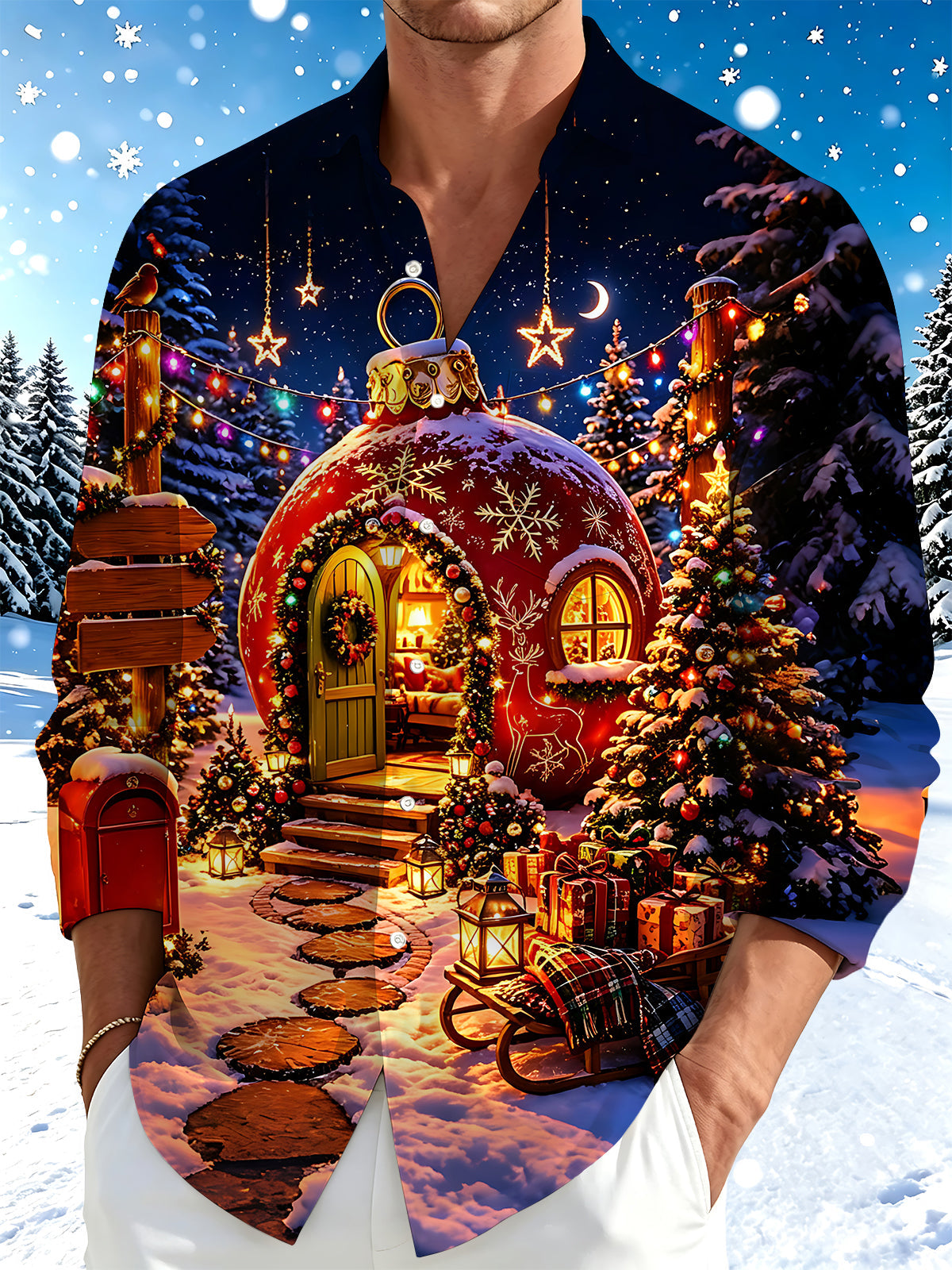 Adaychic Men's Graphic Christmas Bauble Cottage Print Long Sleeve Shirt with Chest Pocket