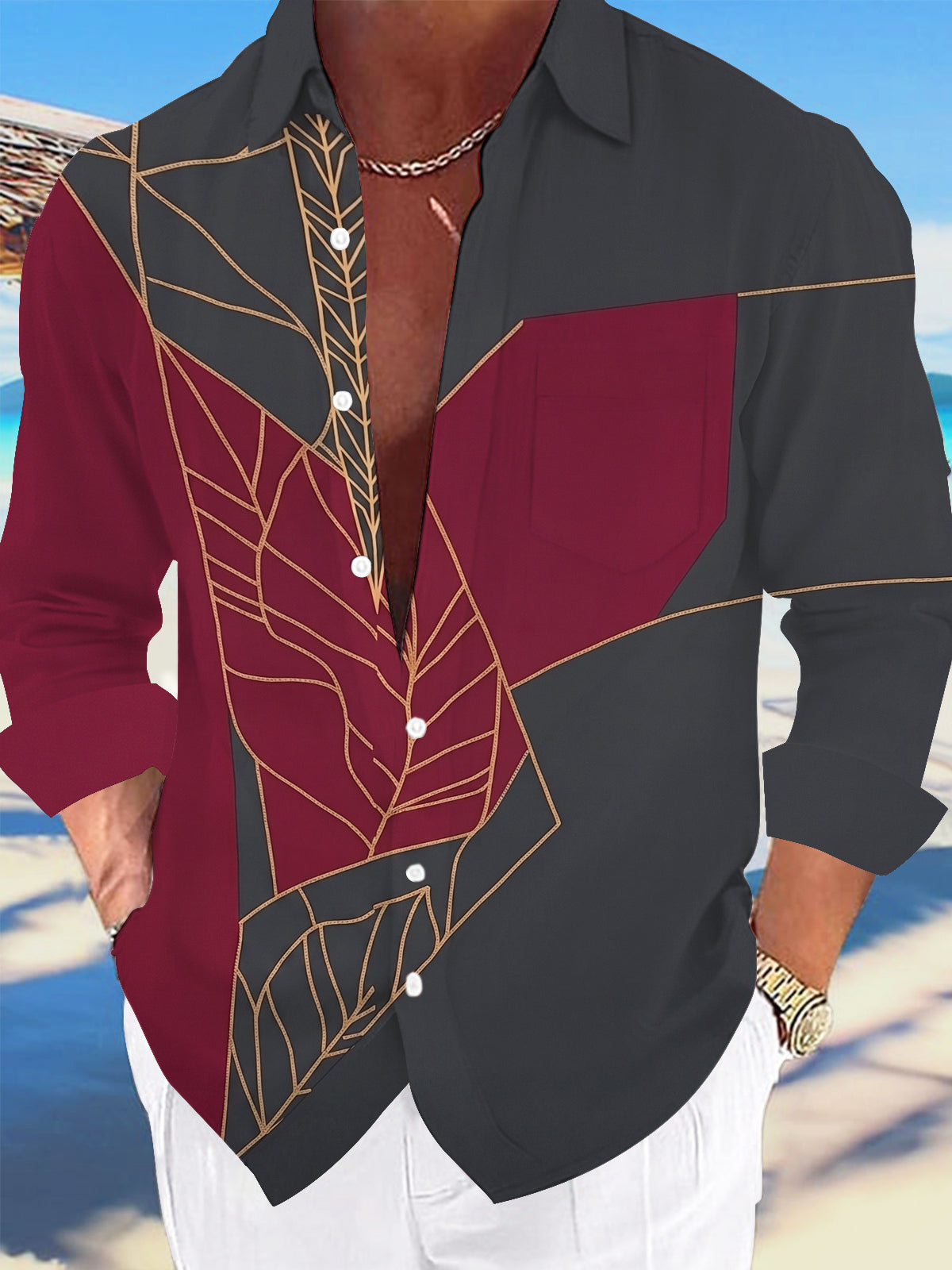 Adaychic Men's Vintage Style Gold Leaf Vein Geometry Print Long Sleeve Shirt with Chest Pocket