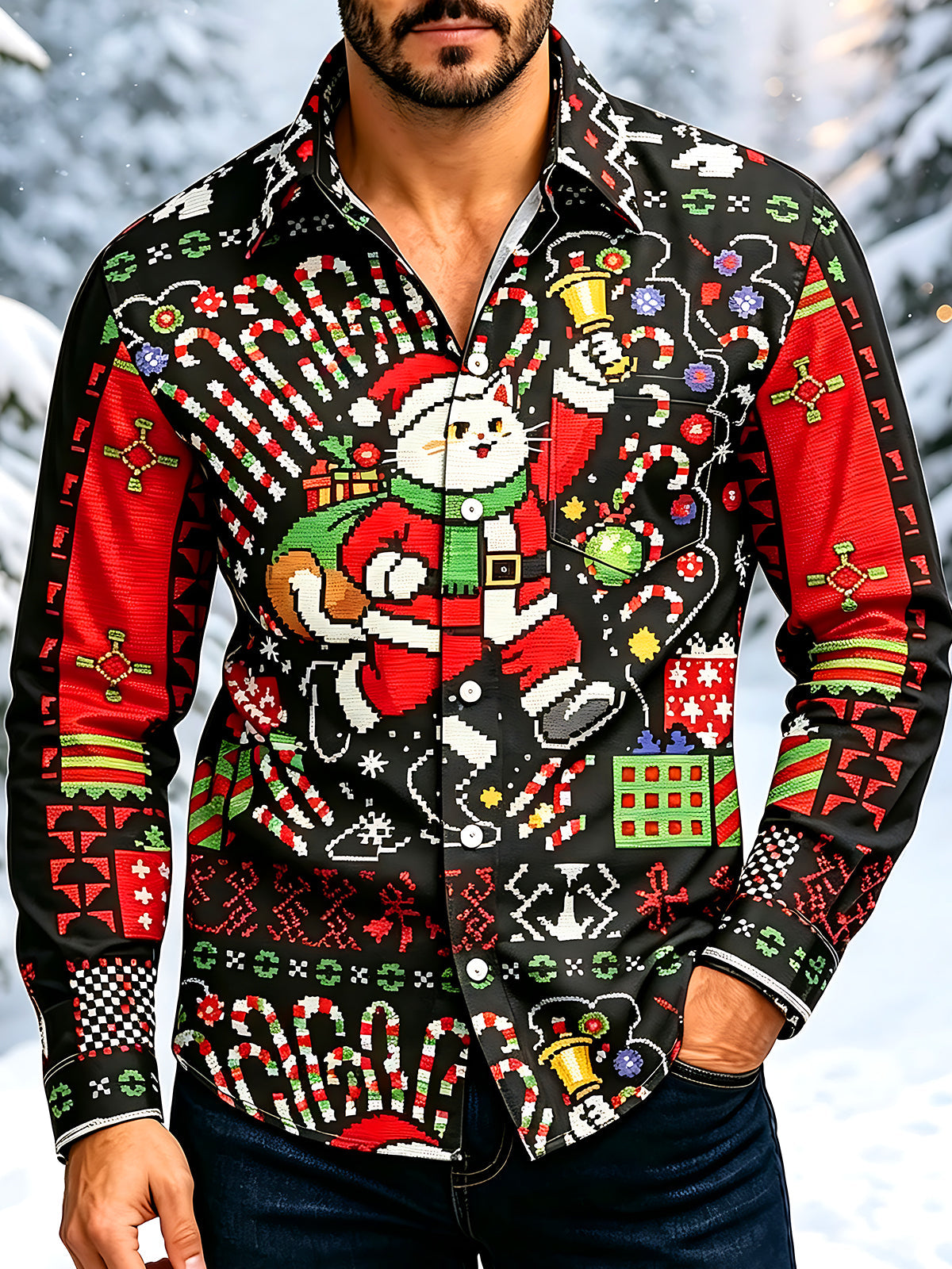 Adaychic Men's Graphic Pixel Art Christmas Cat Print Long Sleeve Shirt with Chest Pocket