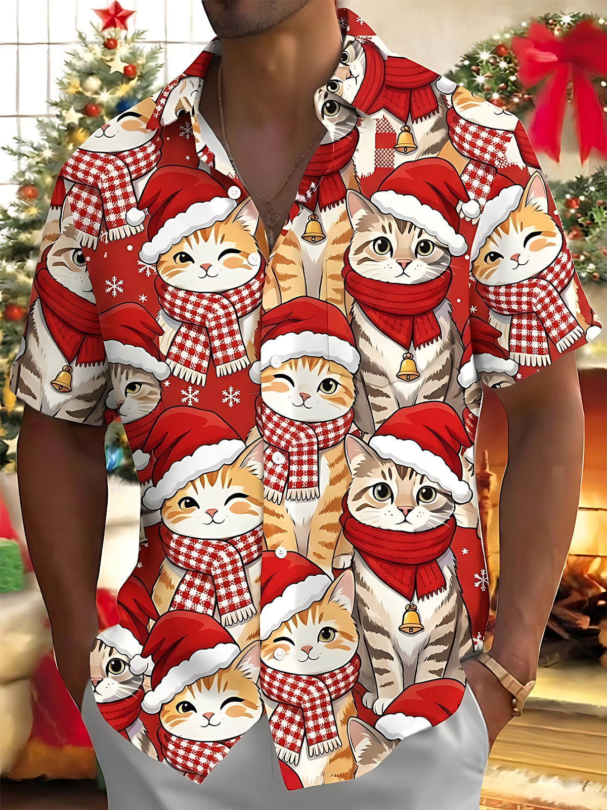 Adaychic Christmas Cat Cartoon Men's Pocket Short Sleeve Shirts