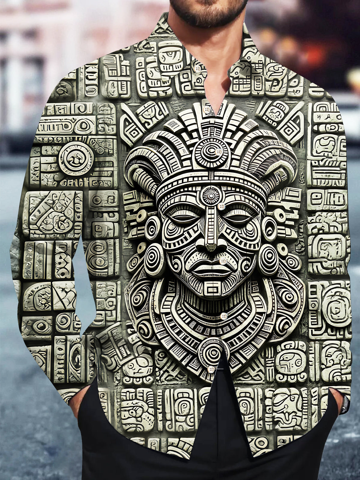 Adaychic Mayan Stone Carving Mask Men's Pocket Long Sleeve Shirts