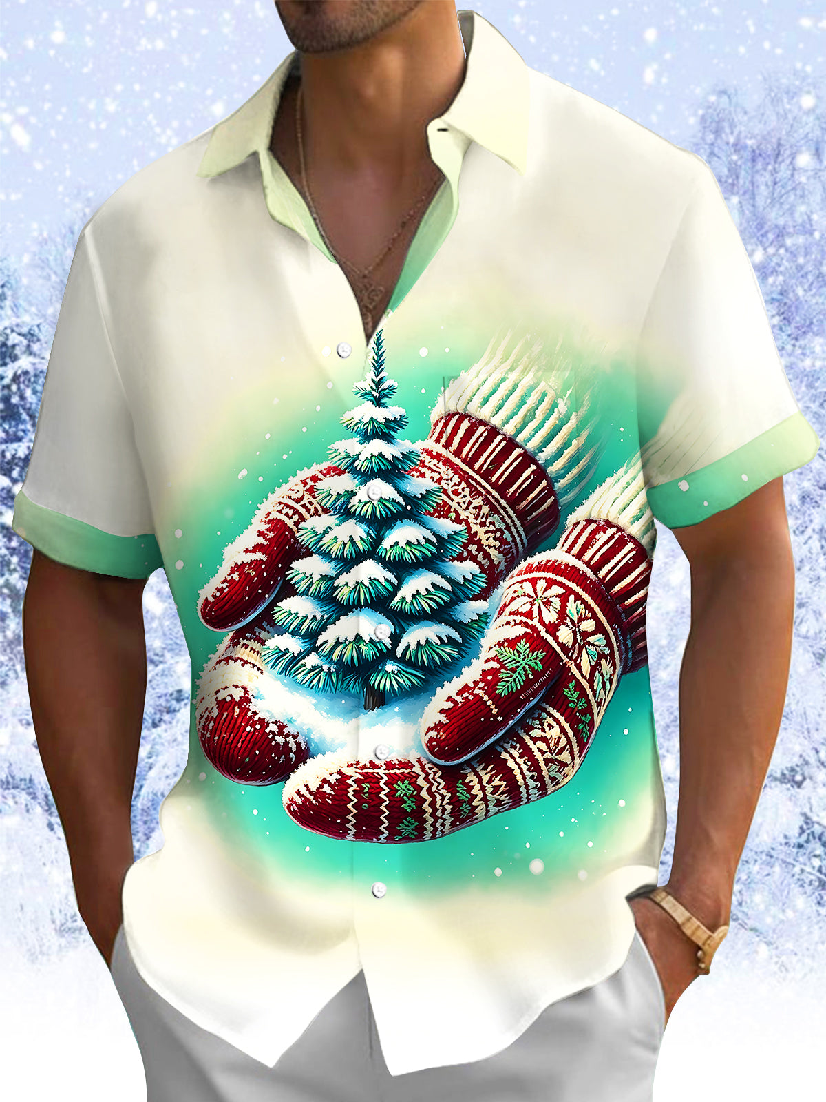 Adaychic Men's Printed Christmas Tree Print Short Sleeve Shirt with Chest Pocket