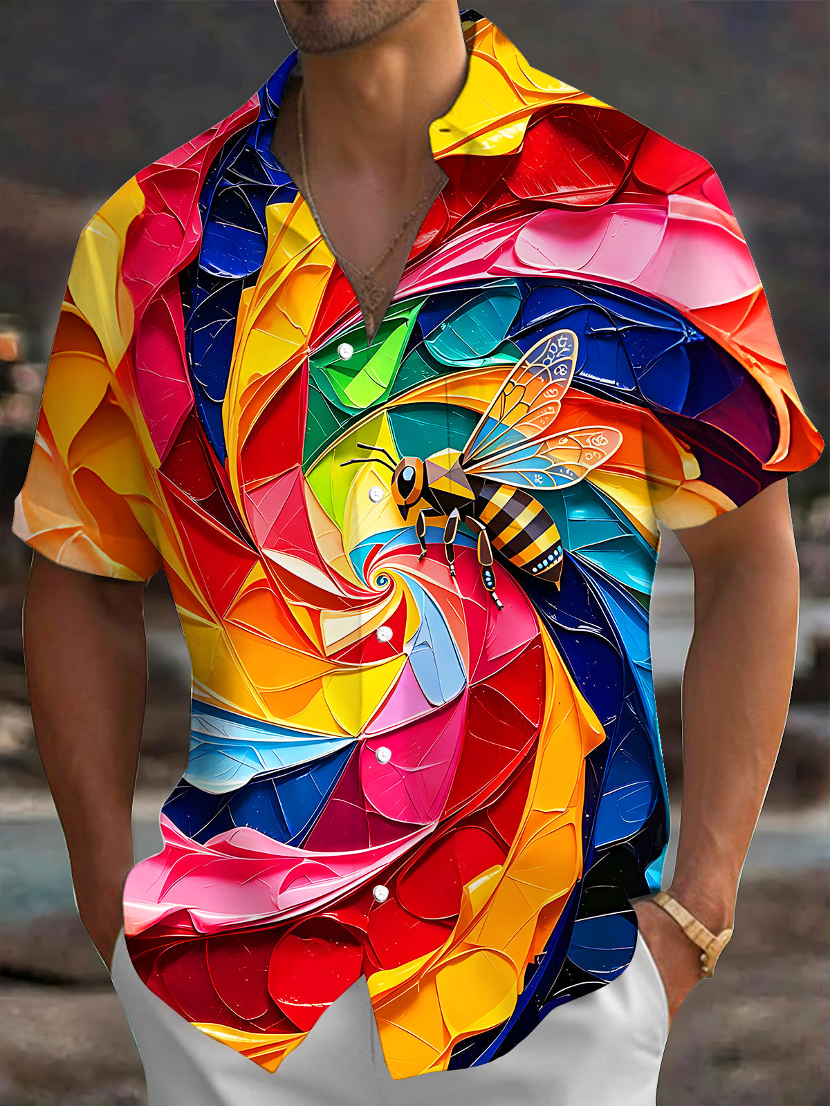 Adaychic Men's Hawaiian Colorful Swirl Bee Print Short Sleeve Shirt with Chest Pocket