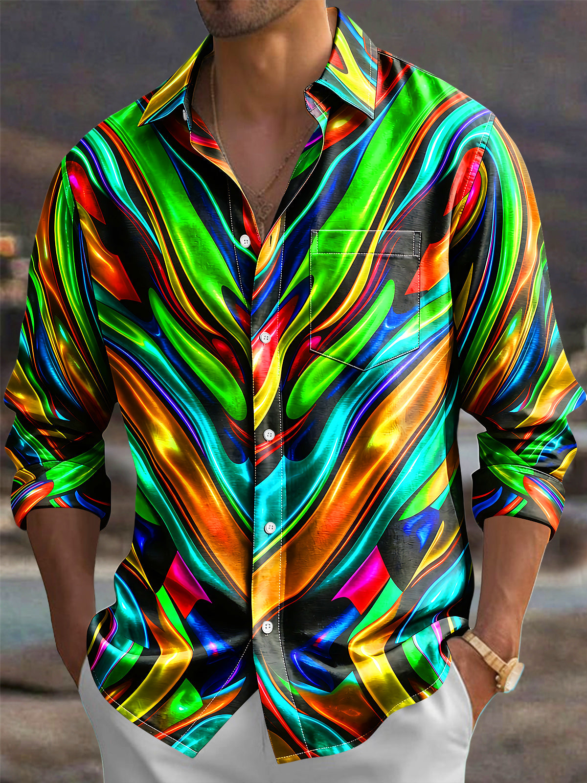 Adaychic Men's Printed Fluid Abstract Colors Print Long Sleeve Shirt with Chest Pocket