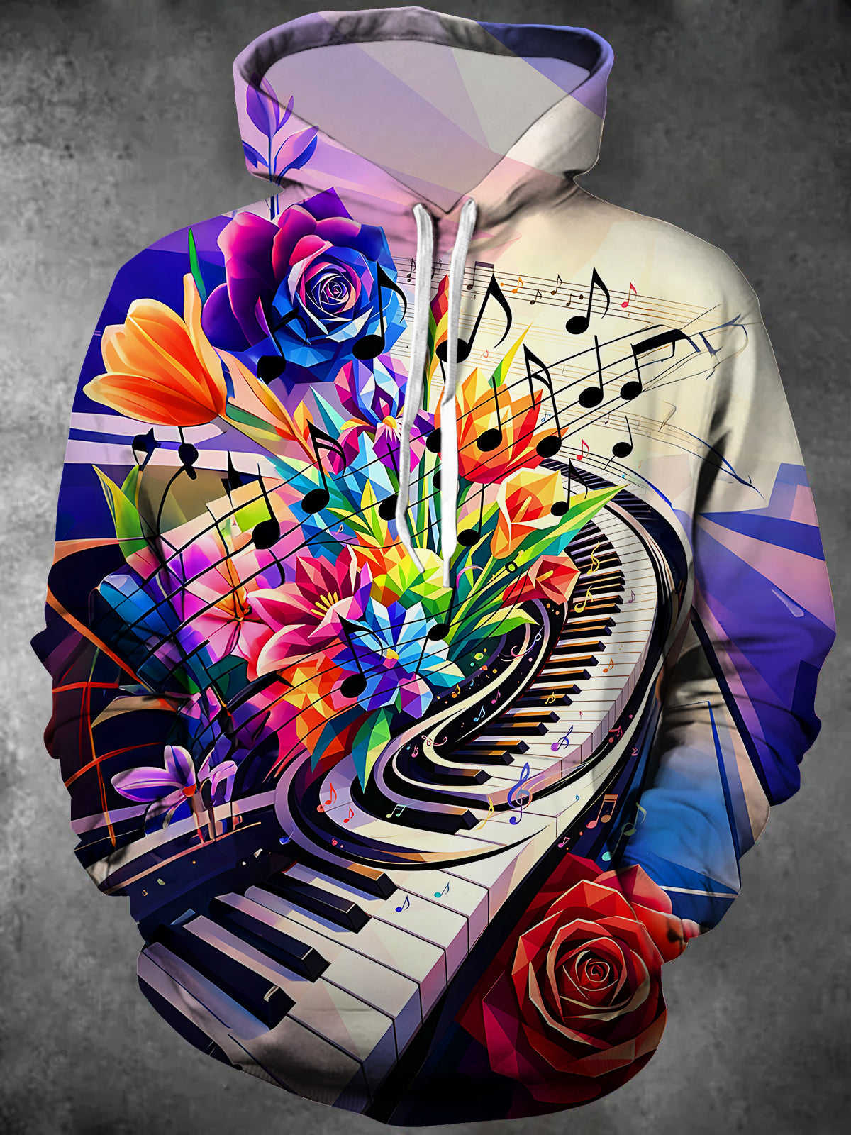 Adaychic Men's Graphic Piano Keys Print Floral Bouquet Print Long Sleeve Hoodie with Chest Pocket