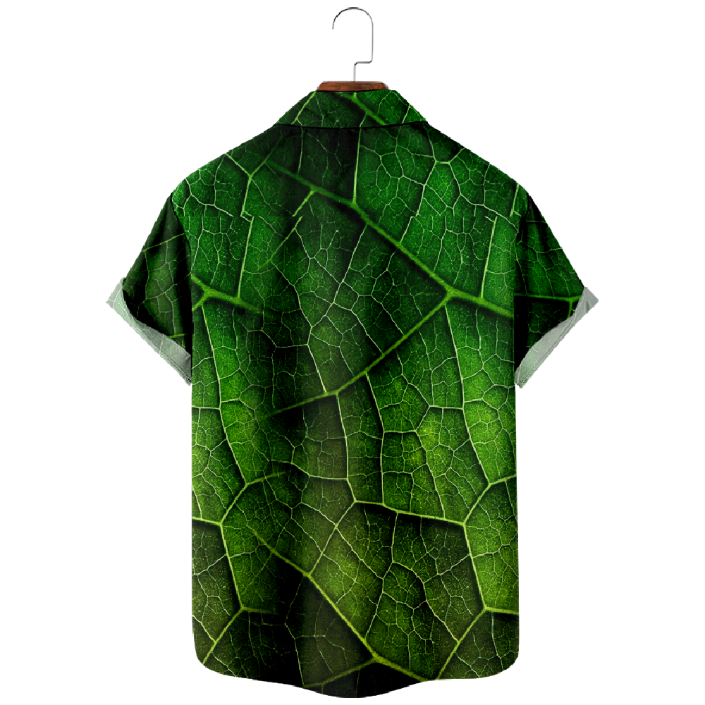 Adaychic Men's Graphic Green Leaf Vein Print Short Sleeve Button Down Shirt with Chest Pocket