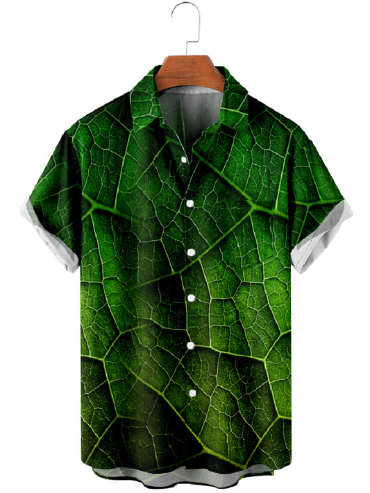 Adaychic Men's Graphic Green Leaf Vein Print Short Sleeve Button Down Shirt with Chest Pocket