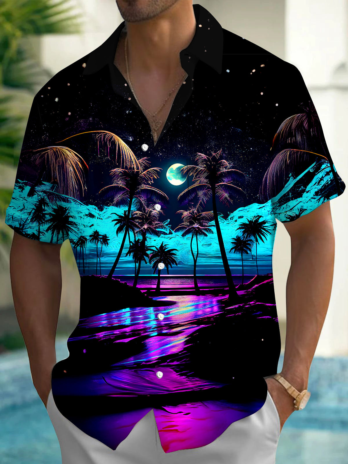 Men's Hawaiian long sleeve pocket shirt back view