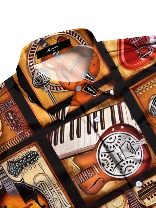 Musical Instrument Print Men's Pocket Short Sleeve Shirts