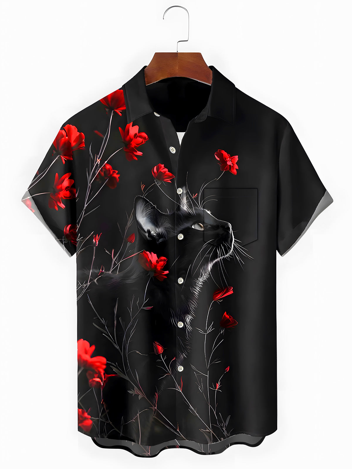 Cat Floral Men's Pocket Short Sleeve Shirts