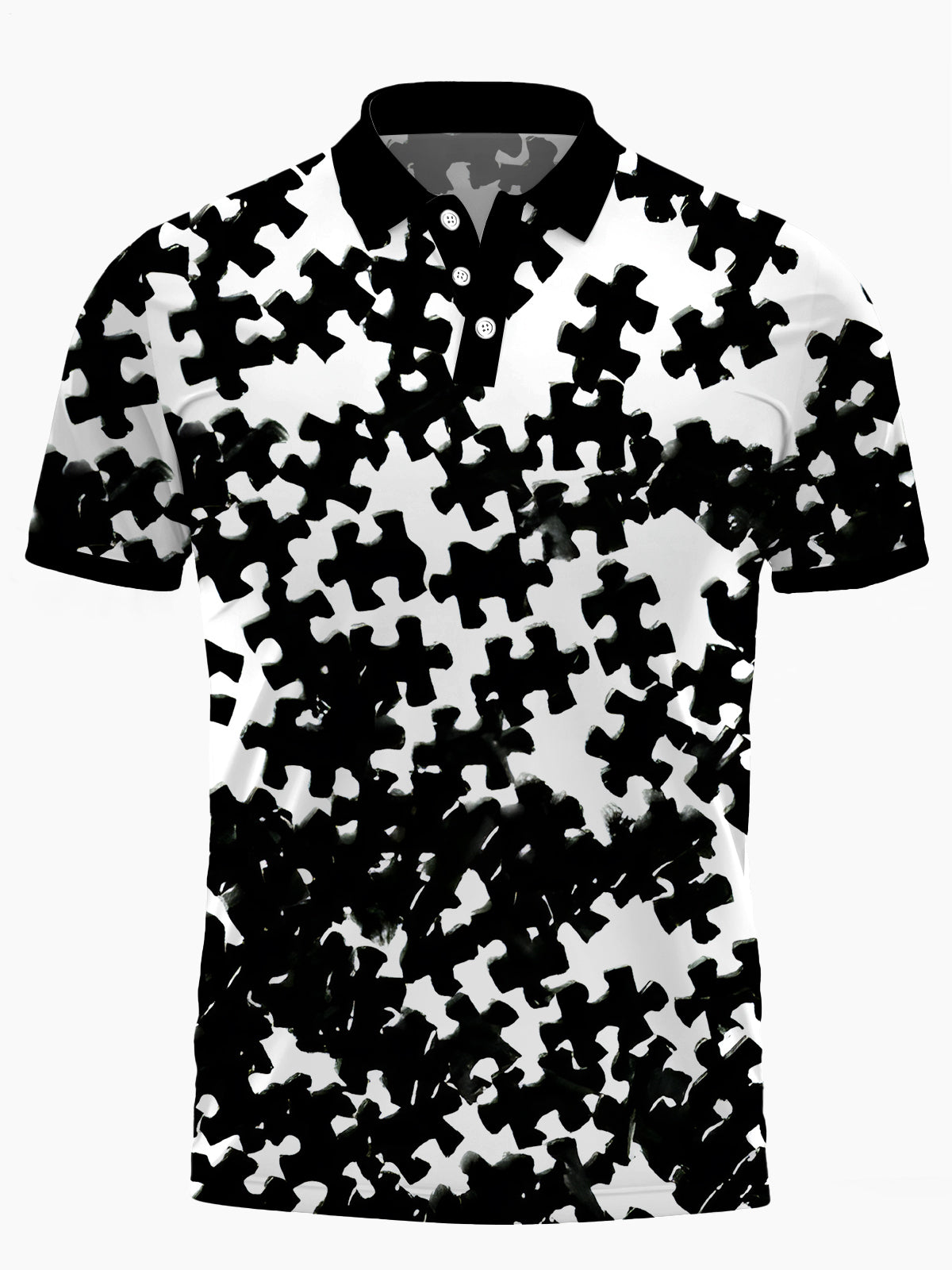 Puzzle Print Men's Short Sleeve Button Polo Shirt