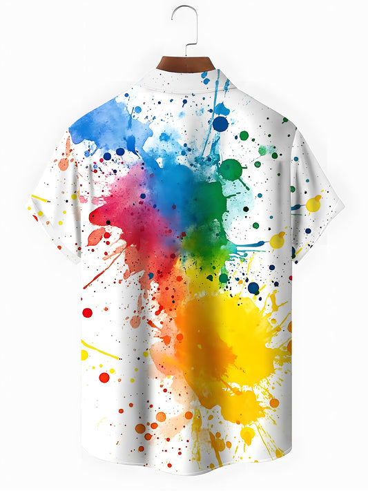Ink Splash Print Men's Pocket Short Sleeve Shirts