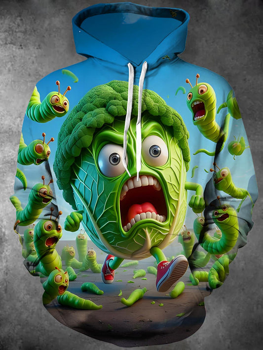 Funny Cauliflower Being Chased By Insects Long Sleeve Hooded Pocket Men's Top