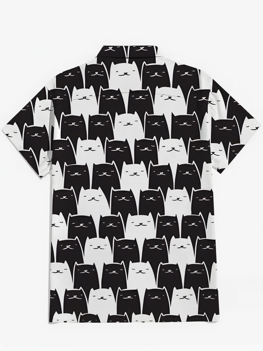 Black White Cat Print Men's Pocket Short Sleeve Shirts