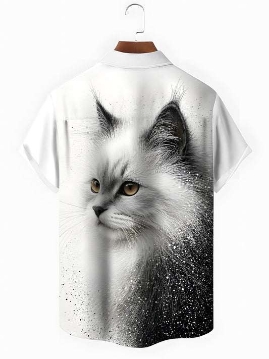 Cat Print Men's Pocket Short Sleeve Shirts