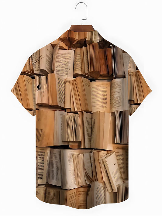 Book Print Men's Pocket Short Sleeve Shirts