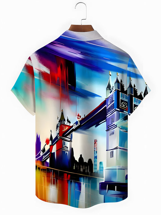 London Painting Art Print Men's Pocket Short Sleeve Shirts
